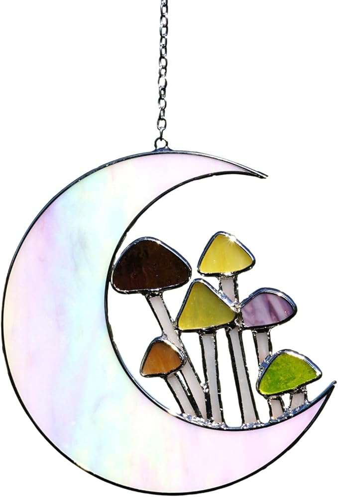 Sensory4U Mushroom Moon Stained Glass Suncatcher - Earth Tone Modern Window Hanging Wall Art - Home Decor or Garden Suncatcher for Natural Light Reflection