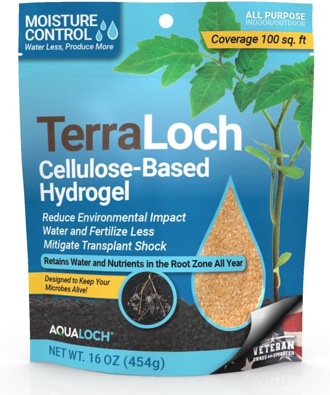 TerraLoch Cellulose-Based Hydrogel | Natural Water Storing Crystals for Soil | Helps Water-Loving Plants Thrive | Effective in High Heat | Reduces Transplant Shock | Mitigates Over/Under Watering