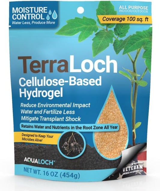 TerraLoch Cellulose-Based Hydrogel | Natural Water Storing Crystals for Soil | Helps Water-Loving Plants Thrive | Effective in High Heat | Reduces Transplant Shock | Mitigates Over/Under Watering
