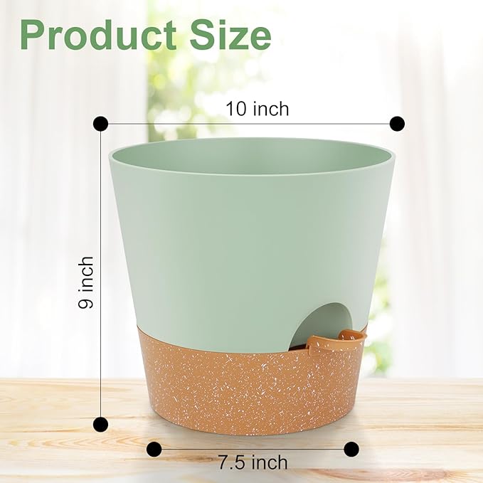 10-Inch Plant Pots, Self-Watering Planters with Drainage Holes & Saucers for Indoor and Outdoor Plants (2-Pack, Green)