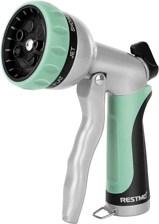 RESTMO Garden Hose Nozzle, Heavy Duty Metal Water Hose Nozzle with 7 Adjustable Spray Patterns, High Pressure Hand Sprayer with Flow Control, Best for Watering Plant & Lawn, Washing Car & Pet, Cyan
