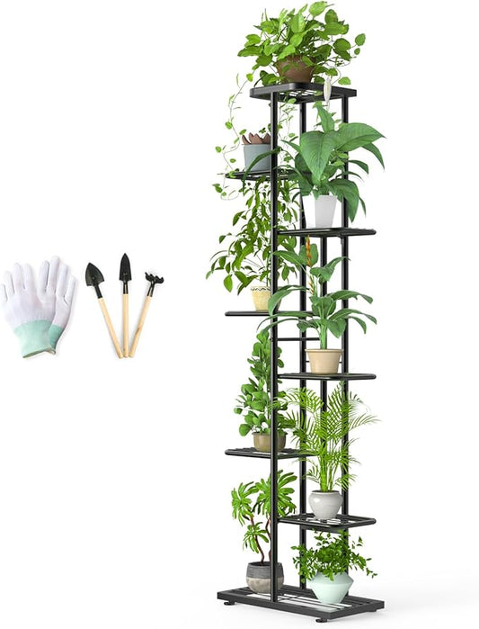 Corner Plant Stand Indoor 8 Tier 9 Potted with Gardening Tools and Gloves, Upgraded Tall Metal Plant Shelf Organizer Outdoor, Multiple Flower Holder Display Rack for Patio, Garden, Balcony, Living