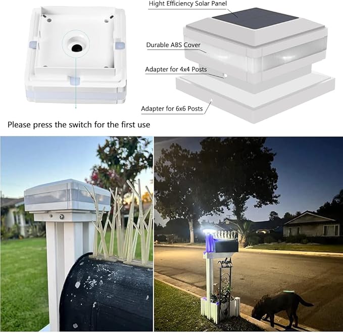 Sumaote Solar Post Cap Light, 52 LED 160LM 6x6 Solar Post Lights, IP65 Waterproof Outdoor for 4x4 5x5 6x6 Wooden Posts, 6000K White SMD Lighting for Deck Fence Garden Porch, White Shell, 4 Pack