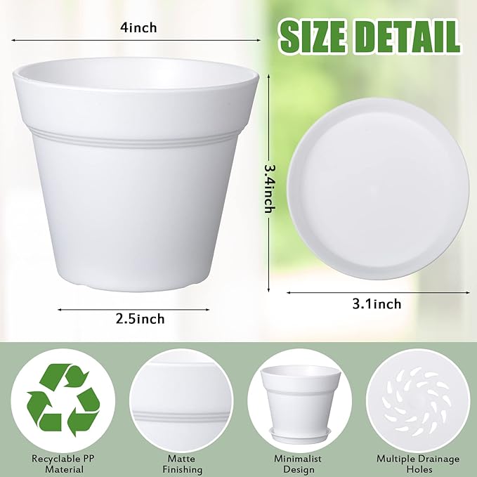 Mumufy 54 Pack 4 Inch Plant Pots Bulk Small Planter with Drainage Hole and Saucer Small Plastic Pots for Flowers Succulent Cactus and All House Indoor(White)