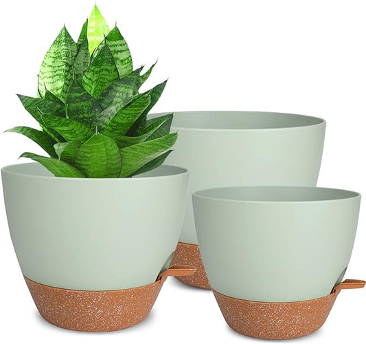Planters for Indoor Plants, 10/9/8 Inch Self Watering Plant Pots with Drainage Hole, Plastic Planters Flower Pots for Indoor Outdoor Plants (Green)