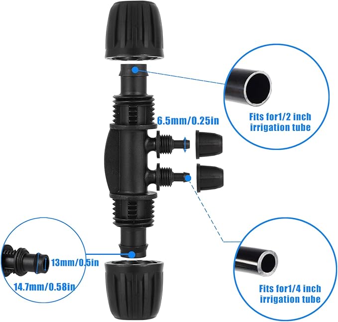 1/2 Inch to 1/4 Inch Tubing Irrigation Fittings for (1/2'' ID x 0.60''-0.63'' OD) 16mm Drip Tubing,Locked Barbed Tee Connectors (20 Pcs Barbed Tee 4-Way)