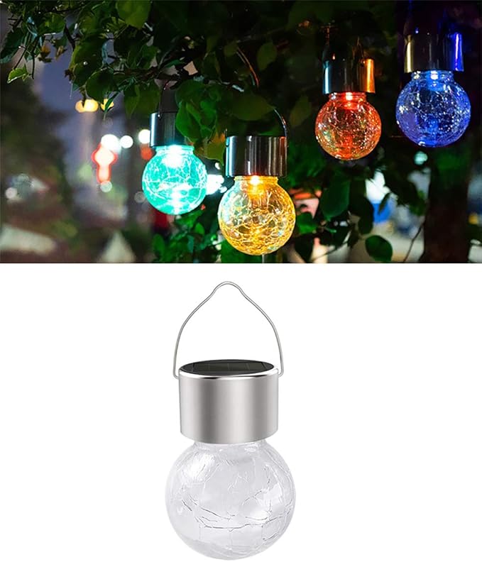 Hanging Solar Powered LED Light with 7 Color Auto-Changing, Cracked Glass Ball Light, Waterproof Outdoor Christmas Decorative Lantern for Garden, Yard, Patio, Lawn (Colorful, 1)