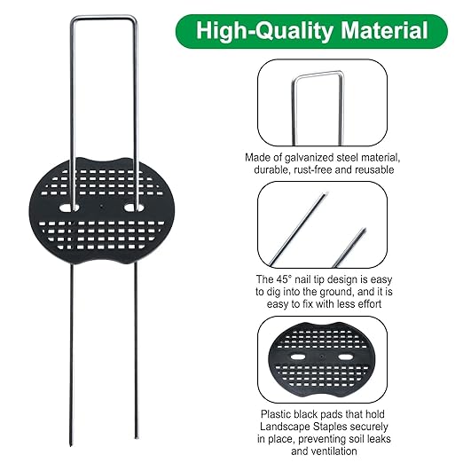 Finderomend 100 Pack Landscape Staples and 100 Pack Gaskets,11 Gauge 5" Galvanized Steel Garden Staples with Black Pads for Weed Barrier Grass
