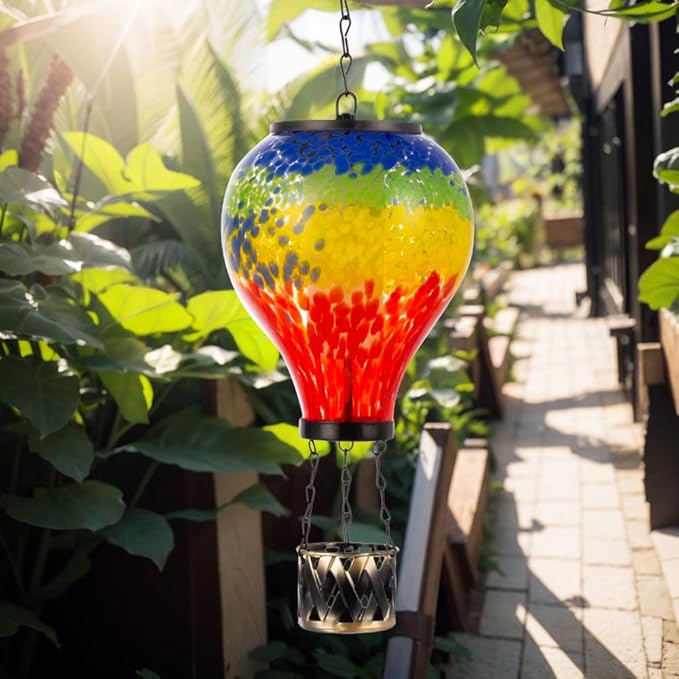 Starsoul Hot Air Balloon Solar Lantern with Flame Glass Hot Air Balloon Solar Light Waterproof Hanging Outdoor Lantern for Garden Yard Patio Decor