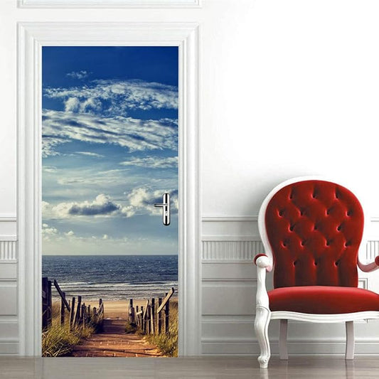 3D Door Wallpaper Self-Adhesive Door Poster - Road to The Beach - Door Film Photo Wallpaper Premium PVC Waterproof Door Sticker Wall Sticker for Bedroom Living Room Door Decoration Stickers 90 x 200
