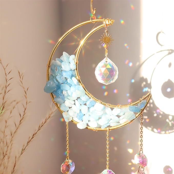 Crystal Suncatcher Hanging Moon Sun Light Catcher with Glass Prisms for Window Natural Kyanite Crystal Decor Home Indoor Making Rainbows
