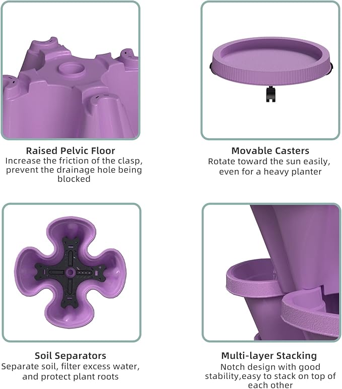 Strawberry Vertical Planter GardenTower, 5 Tiered Stackable Planter with Support Pole, Stacking Herb Vegetable Planters Indoor and Outdoor - Purple
