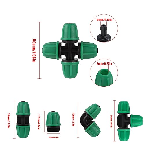 50pc 1/4 inch Drip Irrigation Fittings,Included Lock Barbed Tee,2-Way Coupling,Elbow,4-Way Coupling,¼ End Plugs,Tubing Outside Diameter (OD) is 0.250" Internal Diamete(ID) is 0.170"(1/4 Fitting Kit)