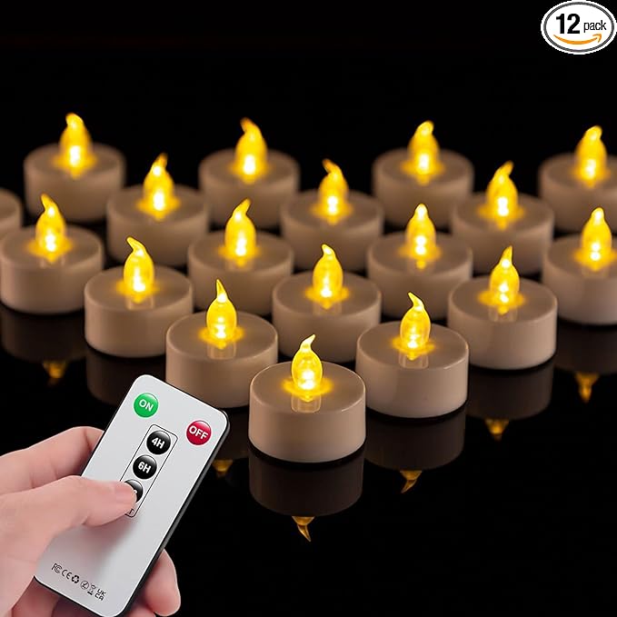 Tea Light Candles with Remote Control,12pack Flickering Flameless LED Candle,Long Lasting 400+Hours,Battery Operated with Timer for Home Decoration Seasonal &Festival Celebration WarmYellow