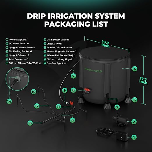 MARS HYDRO 2025 New Auto Drip Irrigation Kits with 13 Gallon Foldable Bucket, 24W Upgraded Water Pump, 8 Drip Emitters, Garden Watering System for Grow Tent Indoor, Lawn, Greenhouse, Yard
