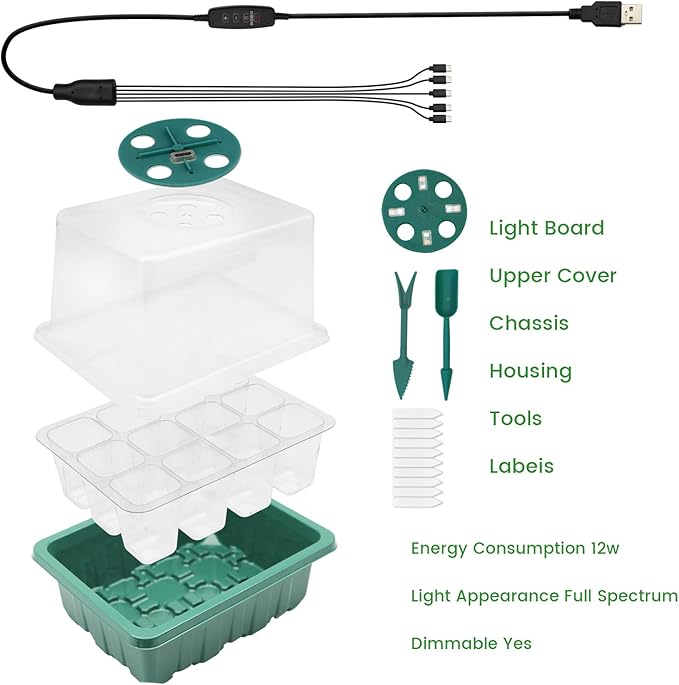 5 Packs Seed Starter Tray with Grow Light, Plant Starter Tray Seedling Starter Kit with Humidity Domes Base Indoor Greenhouse Mini Propagator Station for Seeds Growing Starting