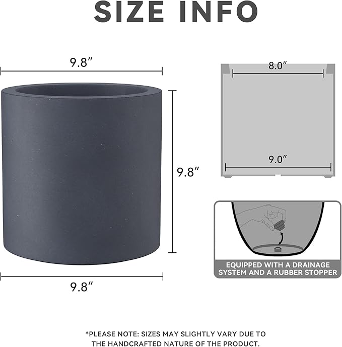 Kante 9.8" Dia Round Concrete Planter, Modern Style Large Cylindrical Plant Pot with Drainage Hole and Rubber Plug for Indoor Outdoor Patio, Charcoal