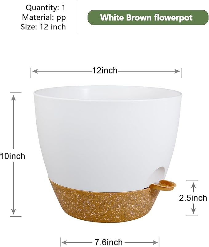 12 inch Large Self Watering Pots, Flower Plant Pots with Drainage Holes for Indoor Outdoor Garden Plants, Plastic Planters with Removable Deep Reservoir, White with Brown
