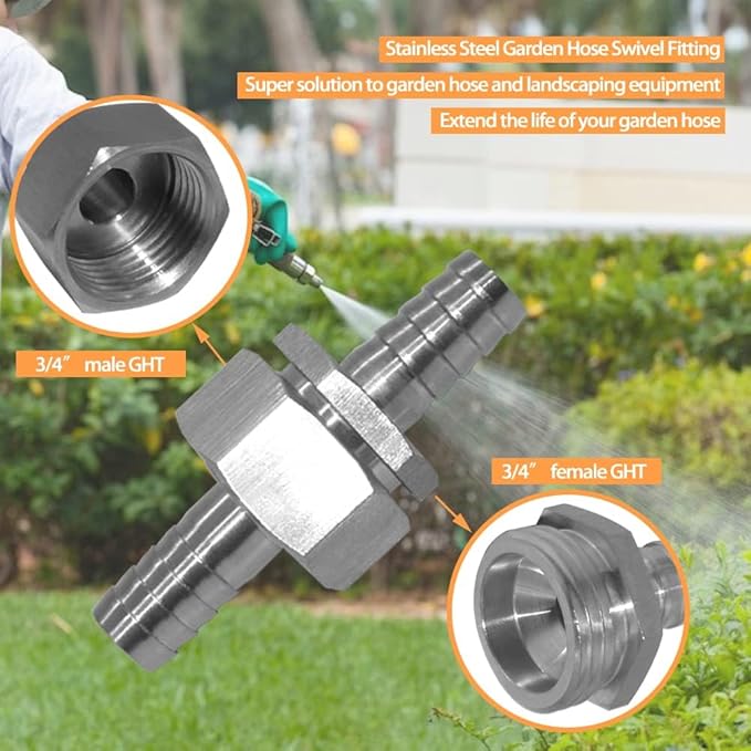 Stainless 1/4" Hose Barb x 3/4" Female GHT Garden Hose Threaded Swivel Connector Repair Fitting for Water Boat Lawn Power Wash Irrigation
