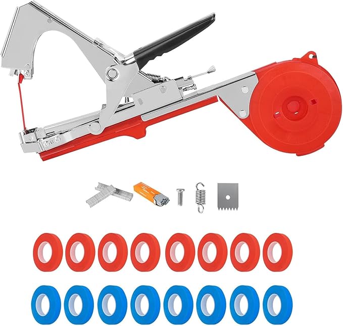 Plant Tying Machine, Plant Tapener, Tape Gun, Garden Tape Tool with 16 Rolls of Tapes and 1 Box of Staple for Grapes, Raspberries, Tomatoes, Vining Vegetables, Flower Planting (Red)