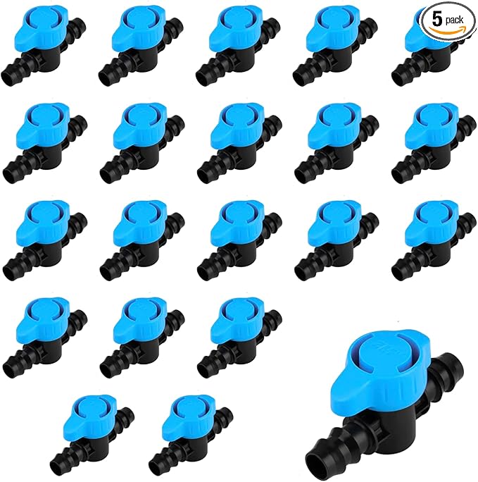 Pro Grade 16mm Drip Irrigation 1/2 inch Barbed Valve, Drip Line Parts 1/2" Shut Off Valve Fits for 1/2 Inch Drip Irrigation Tubing (.570-.620" ID) for Drip or Sprinkler Systems (5)