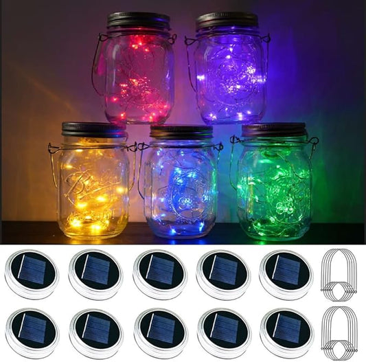 Solar Mason Jar Lid Lights, 10 Pack 30 LED Waterproof Firefly Fairy Lights with Hangers(No Jars), Outdoor Starry String Lights for Patio Yard Garden Wedding Lantern Decor (Mixed Color)