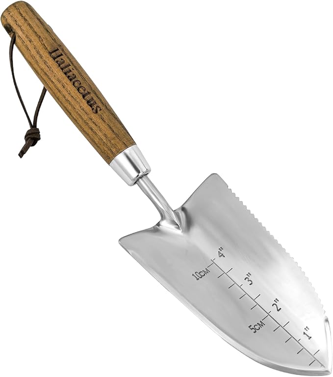 Haliaeetus Garden Trowel with Serrated Edge, 4'' Depth Marks Planting Shovel, V-Shaped Sharp Edge Garden Shovel, Stainless Steel Hand Shovel with Comfortable Wood Handle for Planting and Weeding