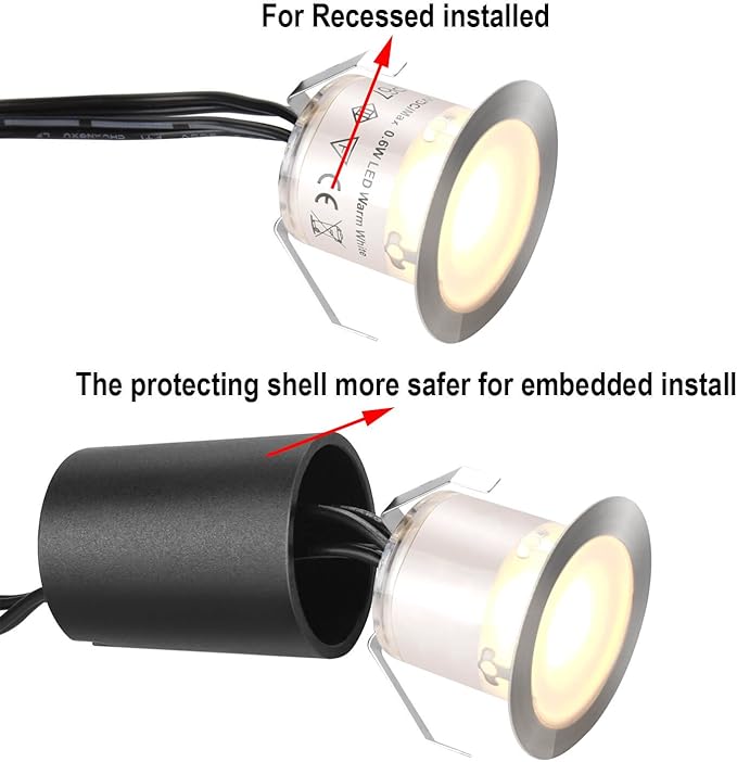 SMY Lighting 10 Pack Recessed LED Deck Light Kits with Protecting Shell, 32mm, Warm White, IP67 Waterproof, 12V Low Voltage, for Outdoor Garden, Patio, Stair, Kitchen Decoration