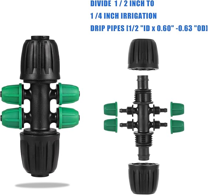 12 Pcs Lock Barbed Tee 1/2 inch Tubing to 1/4 Inch Tubing Irrigation Fittings for (1/2'' ID x 0.60''-0.63'' OD) ANTI-LEAK Locked Barbed Tee Connectors(12Pcs Lock Barbed Tee Six Way)