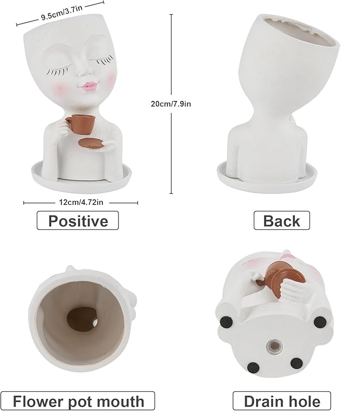 Face Planter Pots, Resin Face Planter for Indoo/Outdoor Plants,Head Planter with Drainage Hole/Removable Saucer (Coffee, White)
