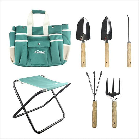 7 Piece Garden Tool Set Including Folding Stool with Tool Bag, All in ONE Gardening Tool Kit Gifts for Women & Men