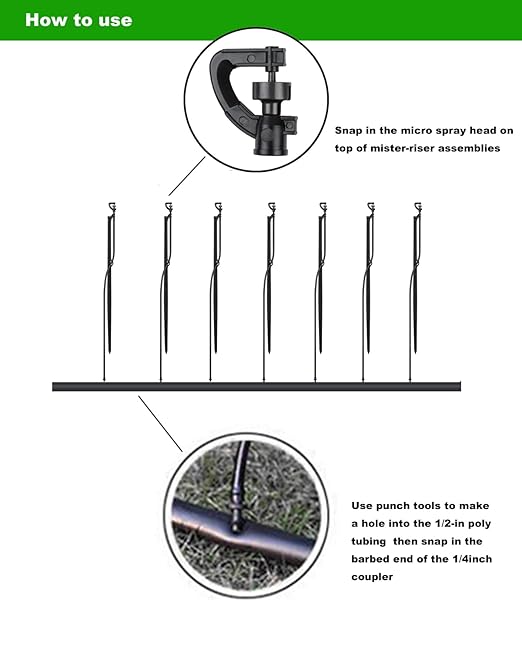 Micro Spray Sprinkler Stake Assembly: 9 Sets Full Circle 360 Degree Watering Nozzles Emitters with Spike and 1/4 inch Tubing for Greenhouse Nursery Garden Drip Irrigation System