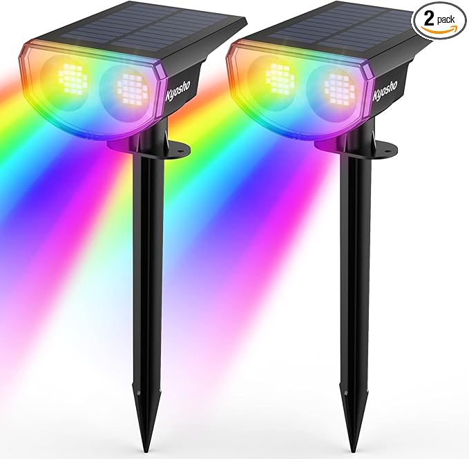 Kyosho Solar Color Spot Lights Outdoor, 9 Lighting Modes Halloween Christmas Lights, 38 LEDs Color Changing Waterproof RGBW Multicolor Tree Pool Solar Spotlight, 2 Pack