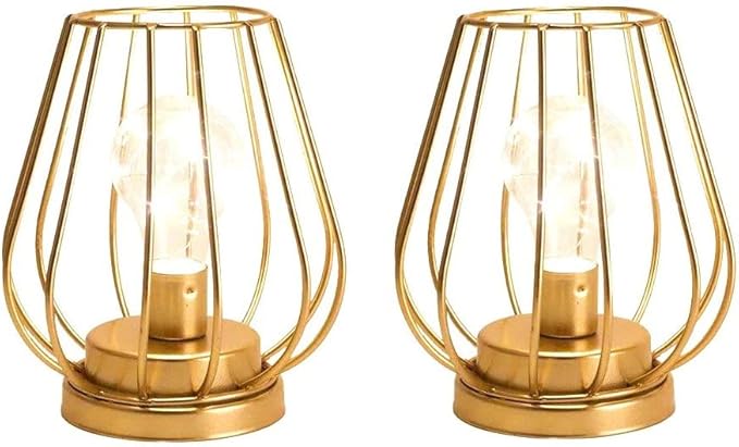 TRIROCKS Set of 2 Metal Battery Operated Lamp 7'' Tall Cage Shape Cordless Table Lamp Battery Lanterns with Warm Fairy Lights Bulb for Patio Garden Wedding Parties Indoor Outdoor(Gold)