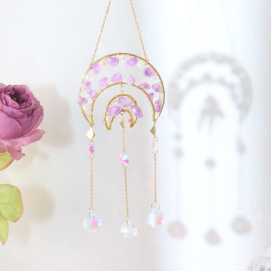 Amethyst Crystals Suncatcher - Hanging Moon Sun Catcher with Glass Prisms for Windows, Healing Amethyst Crystal Decor for Home, Gift for Christmas Birthday Valentine Mothers Day