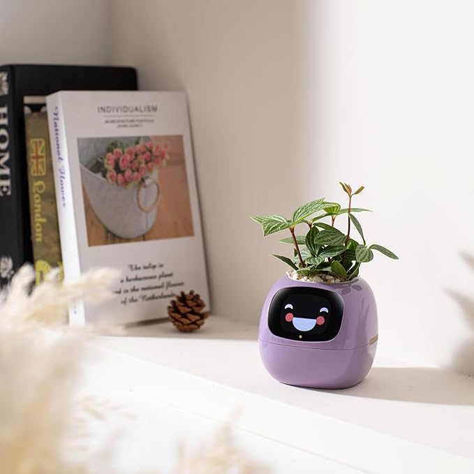 Smart pet Planter Robot Guidance on Plant Care with Emojis, Adorable Plant Companion with Rich Gesture Interaction, Neat Desk Setup Gift (Purple)