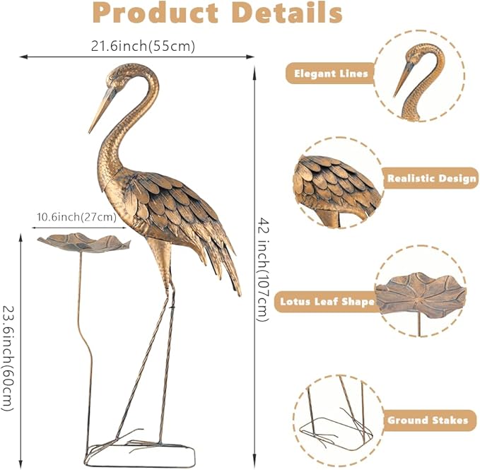 42'' Heron Garden Statue for Outside, Crane Outdoor Statue & Sculpture with Lotus Leaf, Metal Heron Yard Art Decor for Garden, Yard, Lawn, Pond (Gold & Blue)