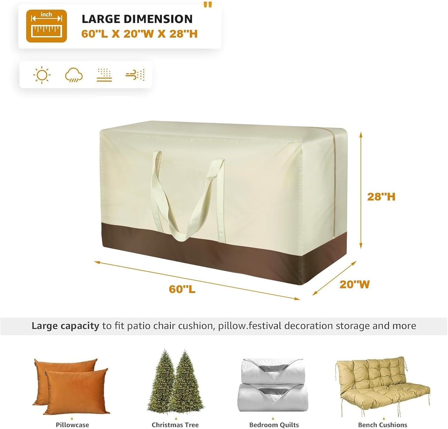 Patio Cushion Storage Bags 420D Waterproof Outdoor Storage Bag Furniture Cushion Cover Christmas Tree Storage Bag with Handles and Zipper 60"L x 20"W x 28"H Beige