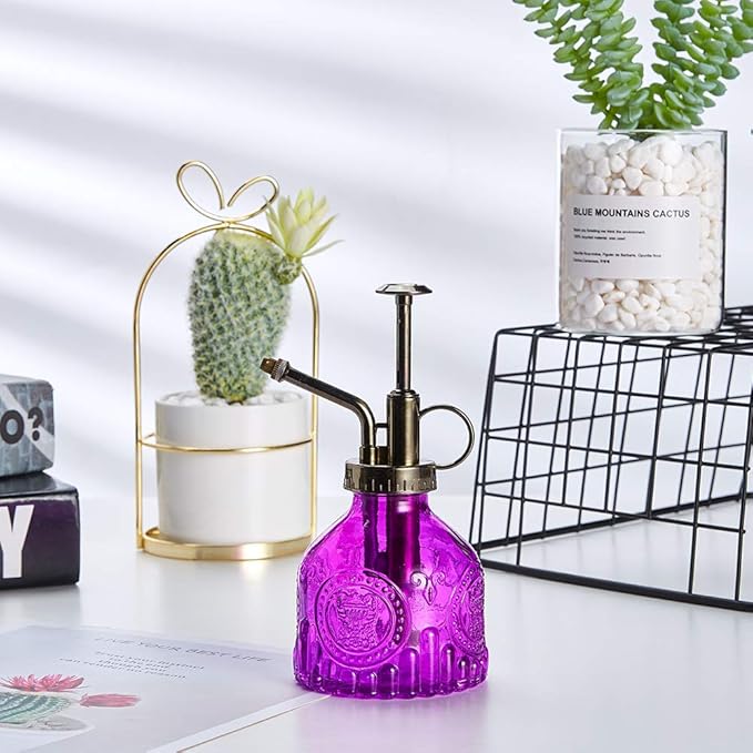 Glass Plant Mister Spray Bottle, 6.5" Tall Vintage Plant Spritzer Watering Can, Succulent Watering Bottle with Top Pump, Small Plant Sprayer Mister for Indoor Outdoor House Plant - Purple