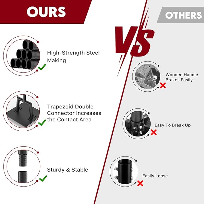 BreeRainz Steel Tamper Tool 10"x10" with 57 Inch Handle and 10 Inch Rubber Grip, Heavy Duty Gardening Hand Tools for Earth Soil Asphalt, Gravel and Dirt Compaction Levelling Paver Tool Trash Compactor