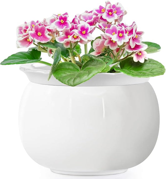 African Violet Pots, 8 Inch Self Watering Pots, Easy Plant Self Watering Pot, Ceramic Plant Pot with Absorbent Inner Pot for Flowers, Flower Pot Indoor - White
