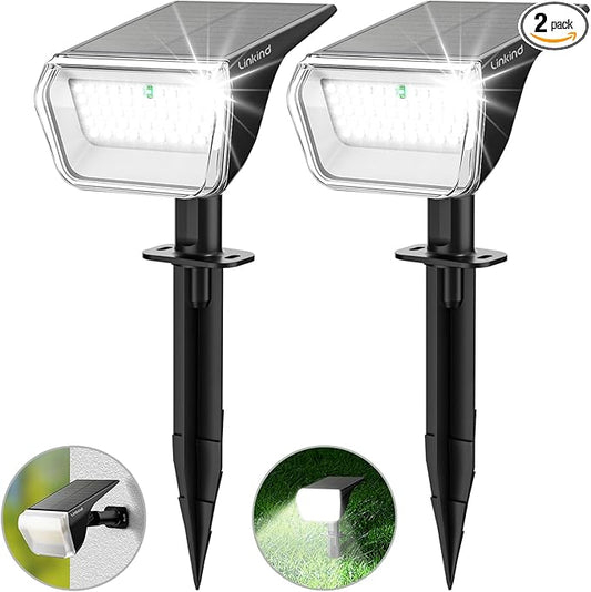 Linkind Solar Lights Outdoor 60 LEDs Solar Lights for Outside Ultra-Bright 800LM S olar Spot Lights 30% Conversion Rate Solar Landscape Light Waterproof IP67 for Garden Yard Pathway, 2Pack Cool White