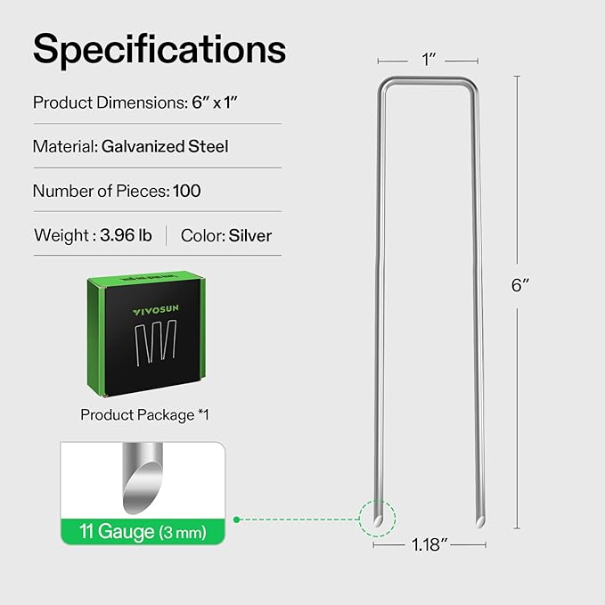 VIVOSUN 6 Inch 100-Pack Landscape Staples, Galvanized Steel Garden Stakes 11 Gauge U-Shaped Pins for Weed Barrier Fabric, Soaker Hose, Holding Fence