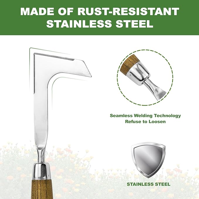 Crack Weeder, L-Shaped Stainless Steel Crevice Weeding Tool, Comfortable Grip Wood Handle Paver Weeder, 11'' Sidewalk Weed Removal Tool for Garden Lawn, Bricked Patio and Terrace Paving Moss