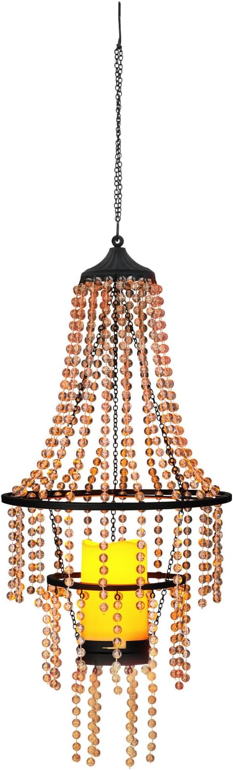 Battery Operated Hanging Chandelier Outdoor Indoor, 28” Modern Acrylic Crystal Hanging Beaded Lantern with Led Candle Light, Pendant Lights Decor for a Gazebo, Garden, Backyard, Patio, Balcony, Porch
