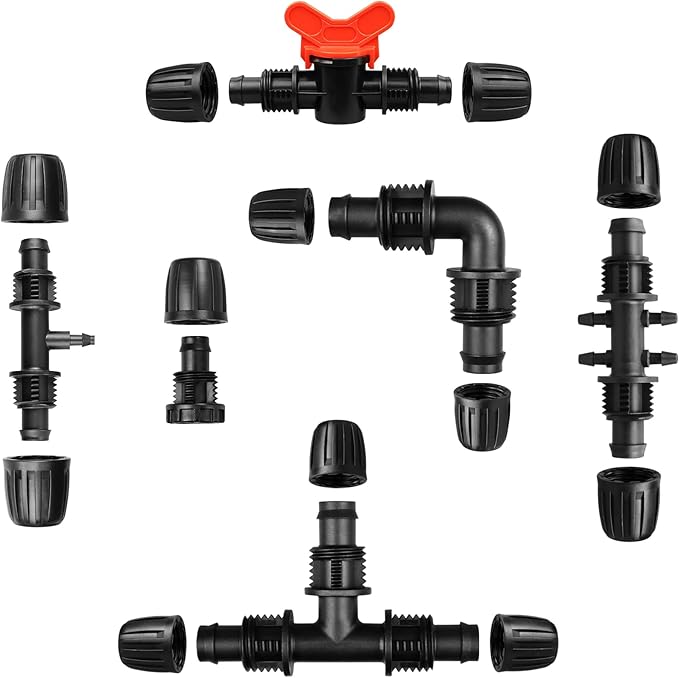 Drip Irrigation Fittings Kit for 1/2 Inch Tubing, 20 Pcs Set 1/2'' Drip Line Anti-Drop Barbed Locked Nut Connectors - 4 Tees,3 Valves,4 Reducing Tee,3 Reducing Tee 6 Way Connectors,4 End Caps,2 Elbows