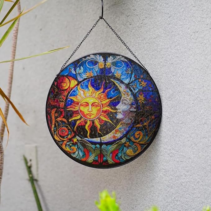 Stained Glass Suncatcher,Sun and Moon Artistic Window Hanging,7.8” Hand-Painted Glass Panel Wall Home Decor,Gift for Women Garden Decor Suncatcher (Sun and Moon), BL009