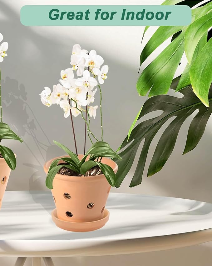vensovo Terracotta Orchid Pots with Holes and Saucers - Clay Orchid Planter Pots for Repotting, Plant Flower Pots for Orchid Indoor and Outdoor Promotes Air Circulation