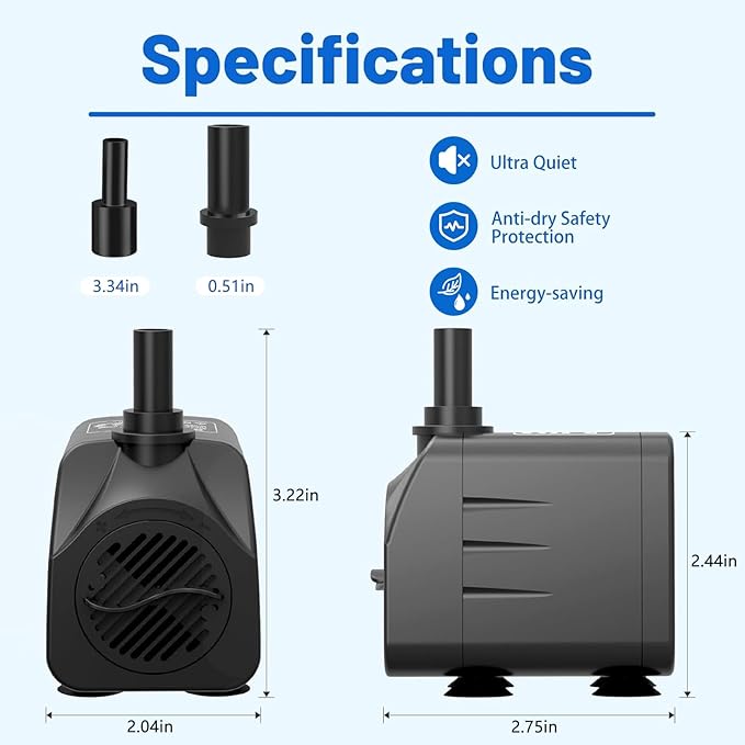 Submersible Pump 198GPH (800 L/H 15W) Ultra Quiet with Dry Burning Protection 5.2ft High Lift for Fountains, Hydroponics, Ponds, Aquariums & More…