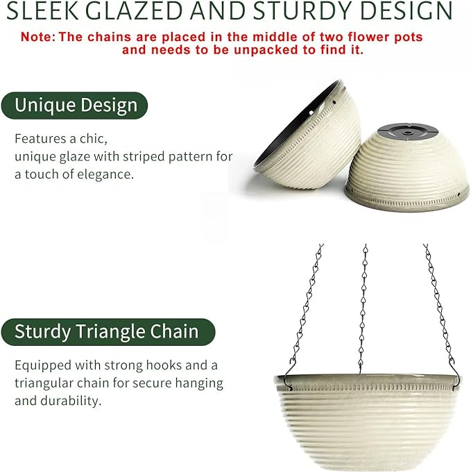 2 Pack Hanging Planters for Indoor Outdoor Plants, 10 Inch Hanging Planter with Drainage Hole & Plug Glazed Hanging Baskets Flower Pots for Garden Home (Off-White)